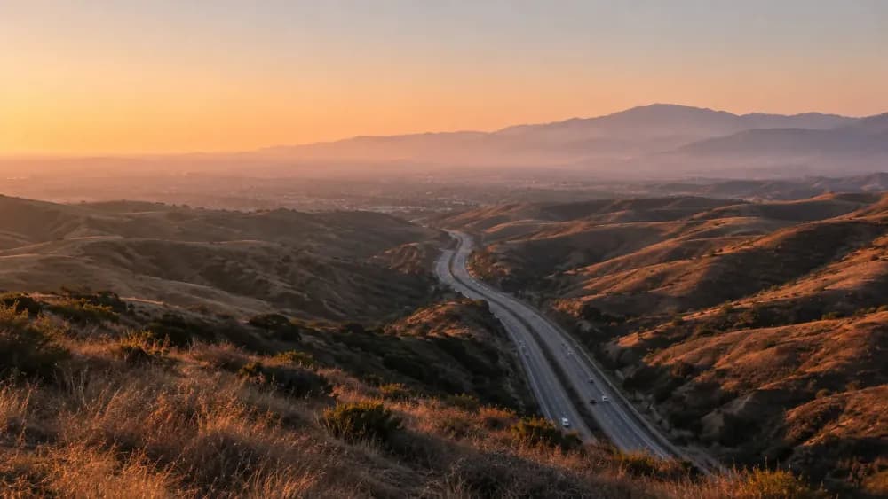 Freeway winding north from San Diego through inland hills toward Escondido